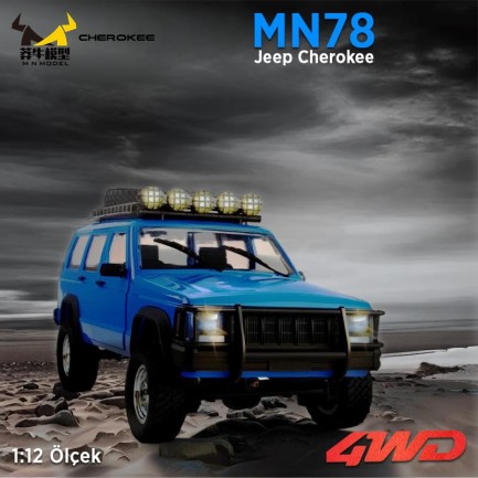 MN Model MN78 1/12 Jeep Cherokee 4x4 RC Model Crawler Offroad Truck Uzaktan Kumandalı Araba RTR Mavi+Dahili Işık Seti MN-78
